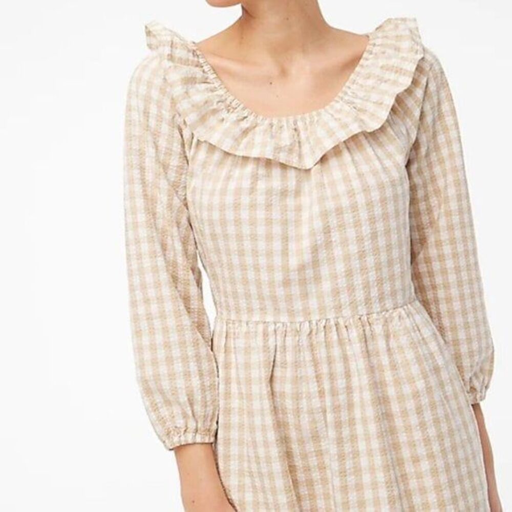 J Crew Women's Mini Dress Ruffleneck Plaid Beige Cotton Size 8 Preppy Babydoll